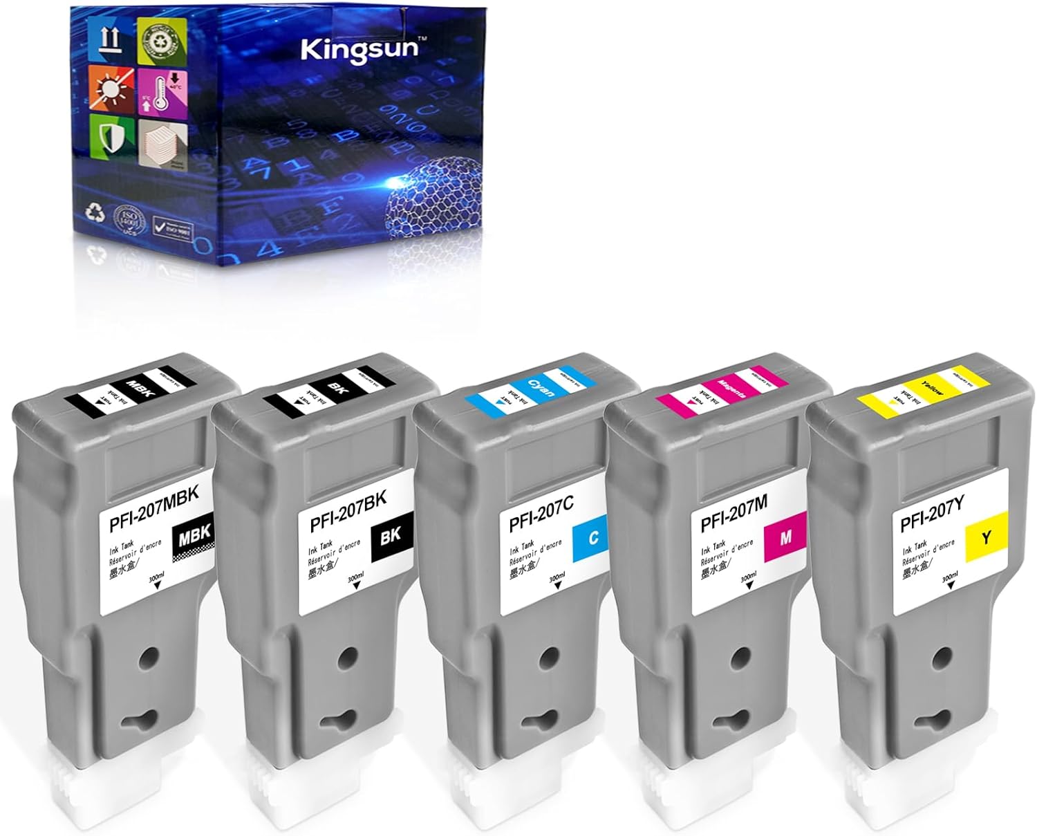 KSUMEI PFI-207 Ink Cartridge PFI207-MBK PFI207BK PFI-207C PFI-207M PFI-207Y Ink Tank Replacement for Canon imagePROGRAF iPF680 iPF685 iPF780 iPF785 (5 Pack, 300ml)
