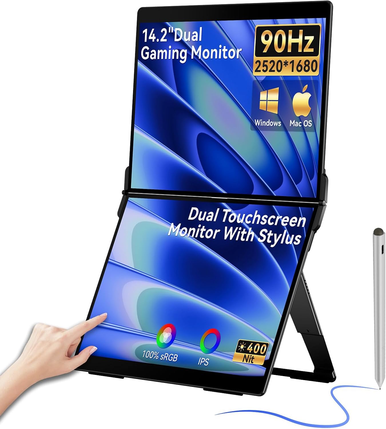 EHOMEWEI X2 Air Touchscreen Portable Dual Monitor 2.8K 90Hz QLED with Stylus Pen 14.2“*2 IPS 2520 * 1680 Display, 400 Nit Brightness 1500:1, 100% sRGB, for Office/Home/Travel Laptop Extender Screen