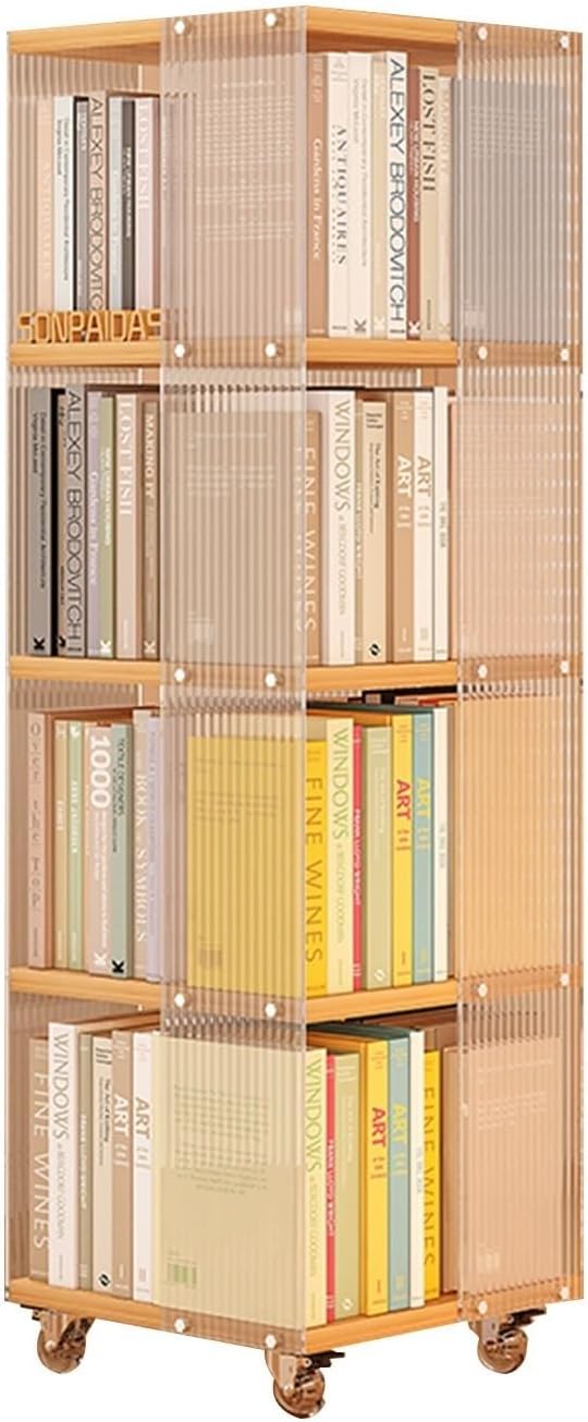 PAUANI 4 Tier Movable Bookshelf - 360° Rotating Bookcase with Wheels, Children Adult Solid Wood and Acrylic Bookshelf Storage Rack Display Rack, Floor-Standing Home Book Tower Bookshelf(Color:A)