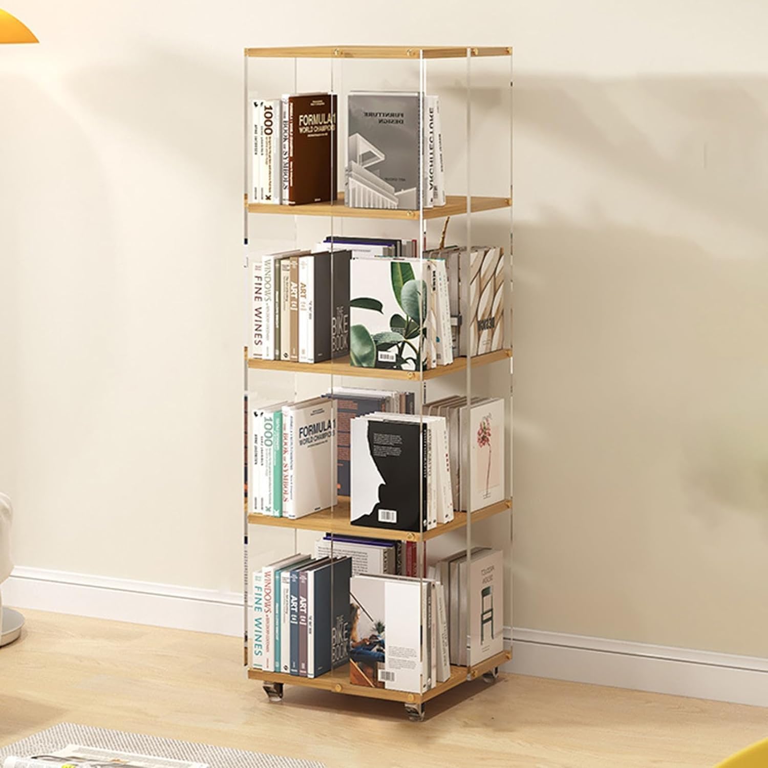 KrrNFYSG Bookcase Movable Bookshelf Acrylic Bookcase with Wheels 360° Rotating Bookshelf Fashion Floor Standing Book Shelf Standing Bookcase More Assured