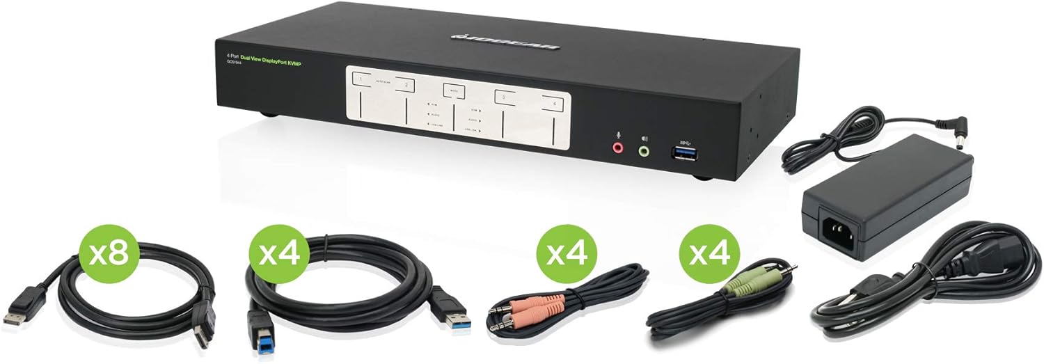 IOGEAR 4-Port Dual View DisplayPort KVMP Switch - 4K 60Hz - 2 DisplayPort In Per Channel - 2-Port USB 3.1 Hub 5Gbps - Keyboard Mouse Input - 7.1 HD Audio - Front Panel Selector - TAA Mac/Win - GCS1944