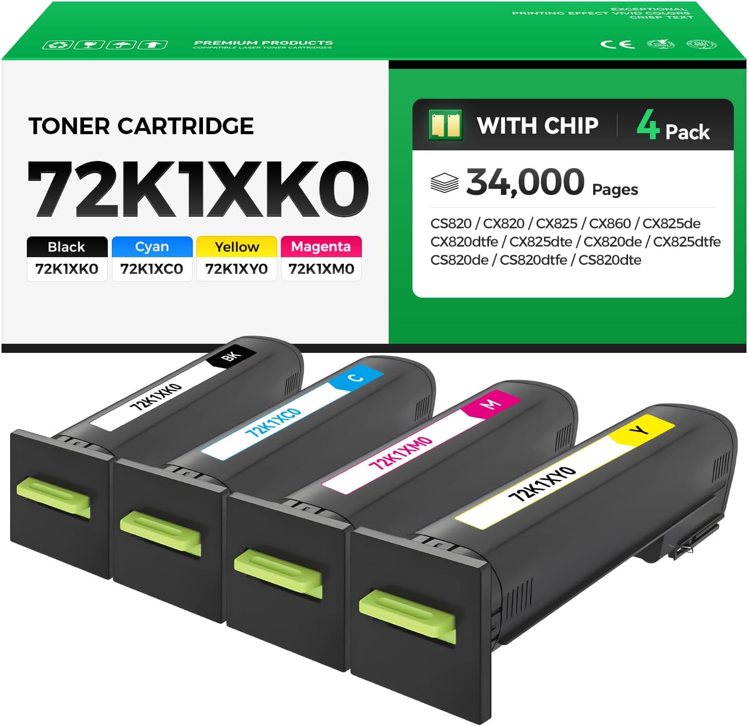 72K1XK0 72K1XC0 72K1XM0 72K1XY0 Toner Cartridge Set 4-Pack with Chip High Yield Replacement Compatible for Lexmark Color CS820 CX820 CX825 CX860 Laser Printer Ink Black Cyan Magenta Yellow de dtfe dte