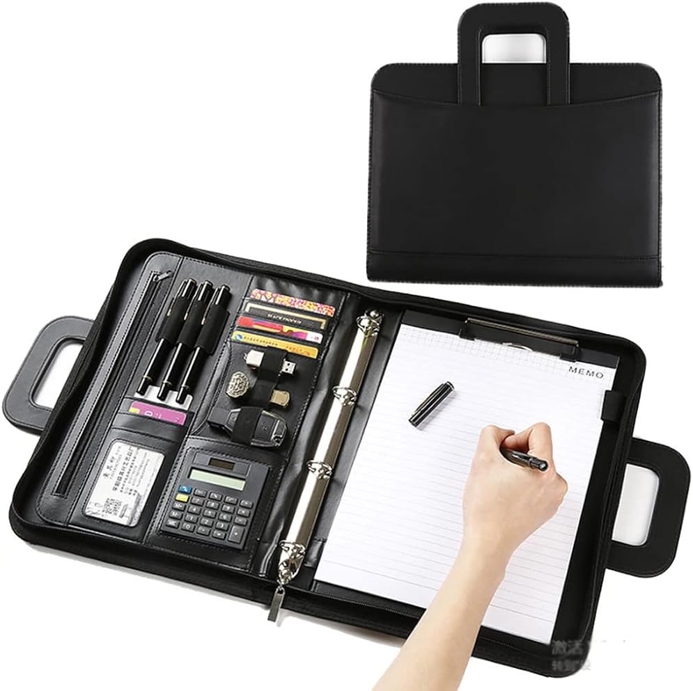 BCCCLLLSA Business Portfolio Retractable Handle Portfolio Folder Pu Leather Zipper Binder with Calculator Notbook Organizer (Color : D) (D)