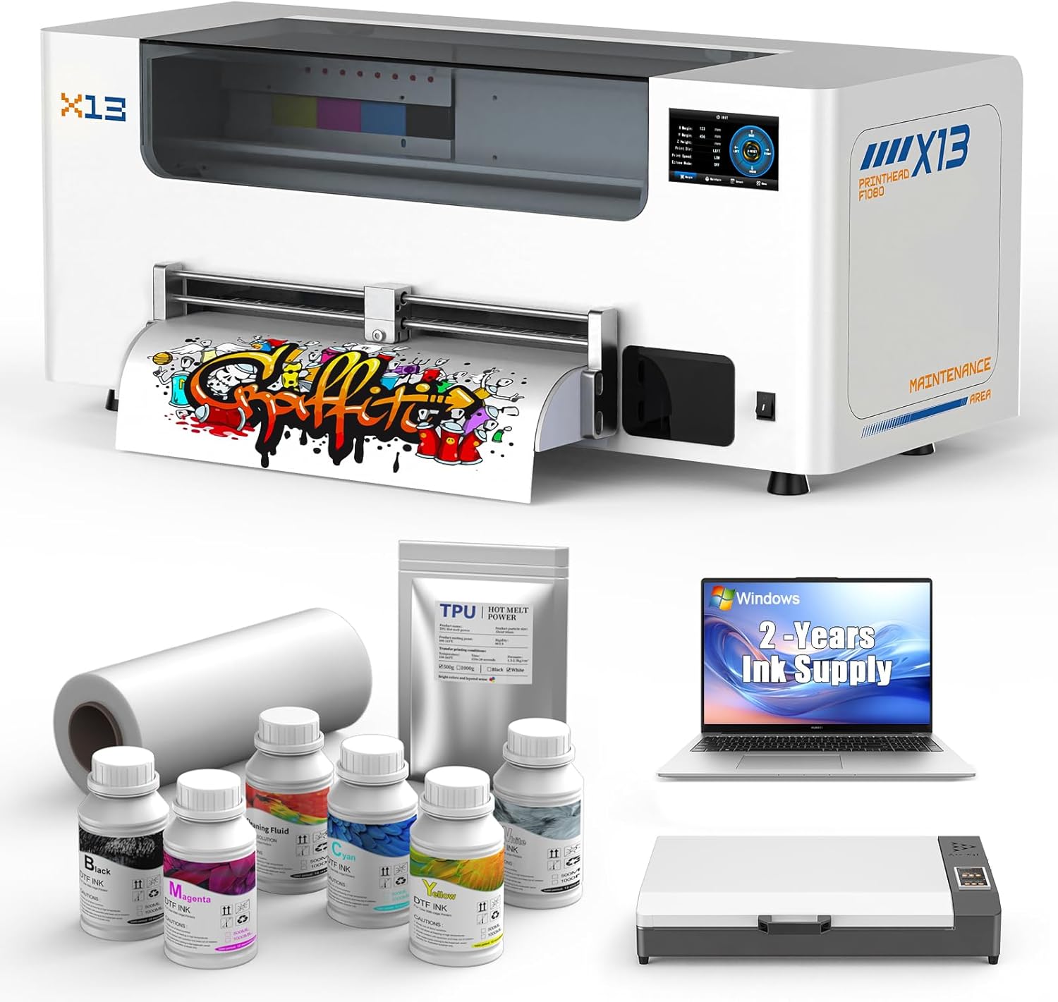 DSV A3+ Plus XP600 DTF Printer with Oven & Computer, Automatic Cleaning & White Circulation, 2X Speed Print Compared to L1800, 5” LED Multi-Function Touch Screen, One-Click to Print, 2-Year Free Ink