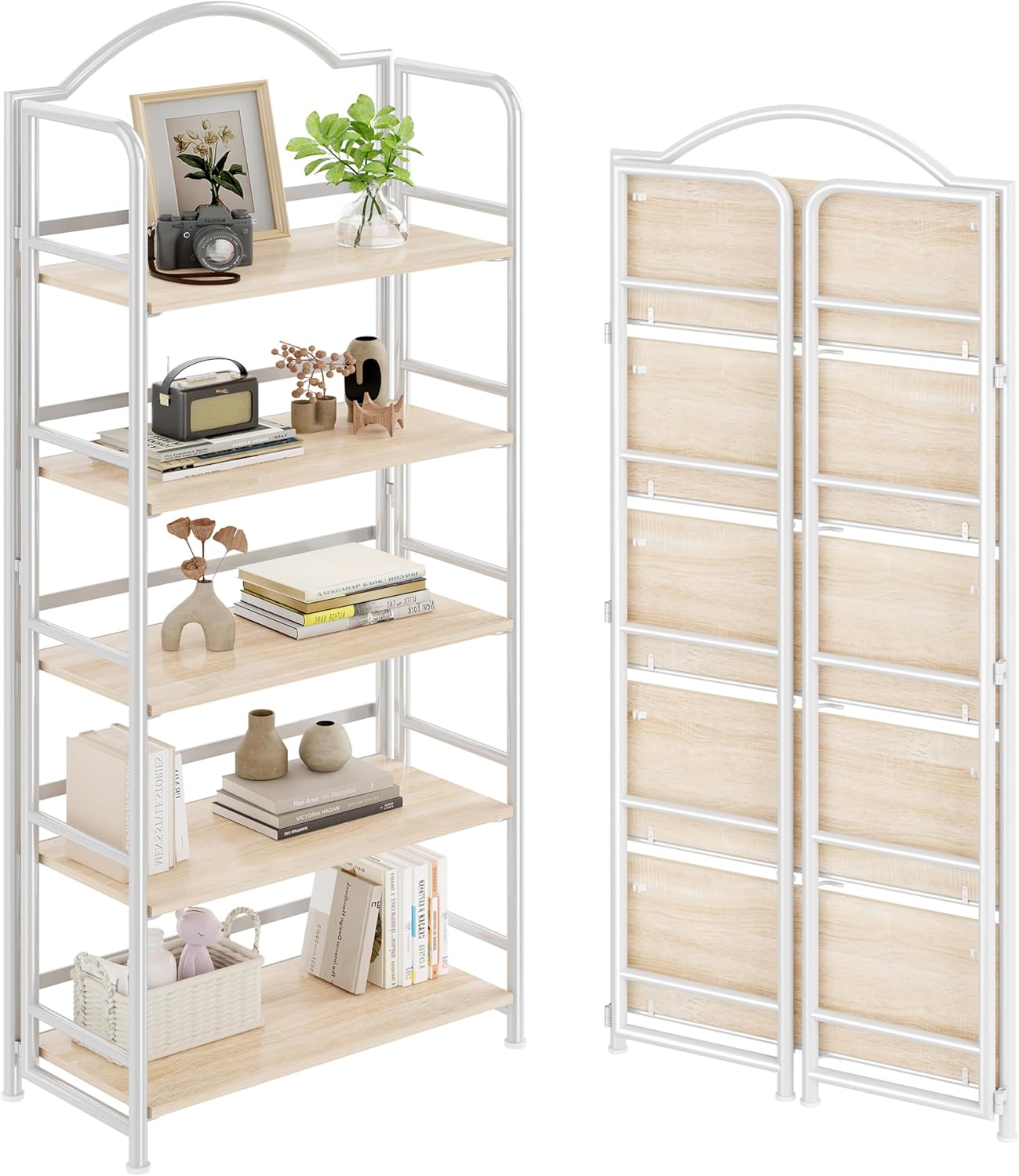 No-Assembly Folding Bookshelf Storage Shelves 5 Tiers Vintage Multifunctional Plant Stand Storage Rack Shelves Bookcase for Home Office