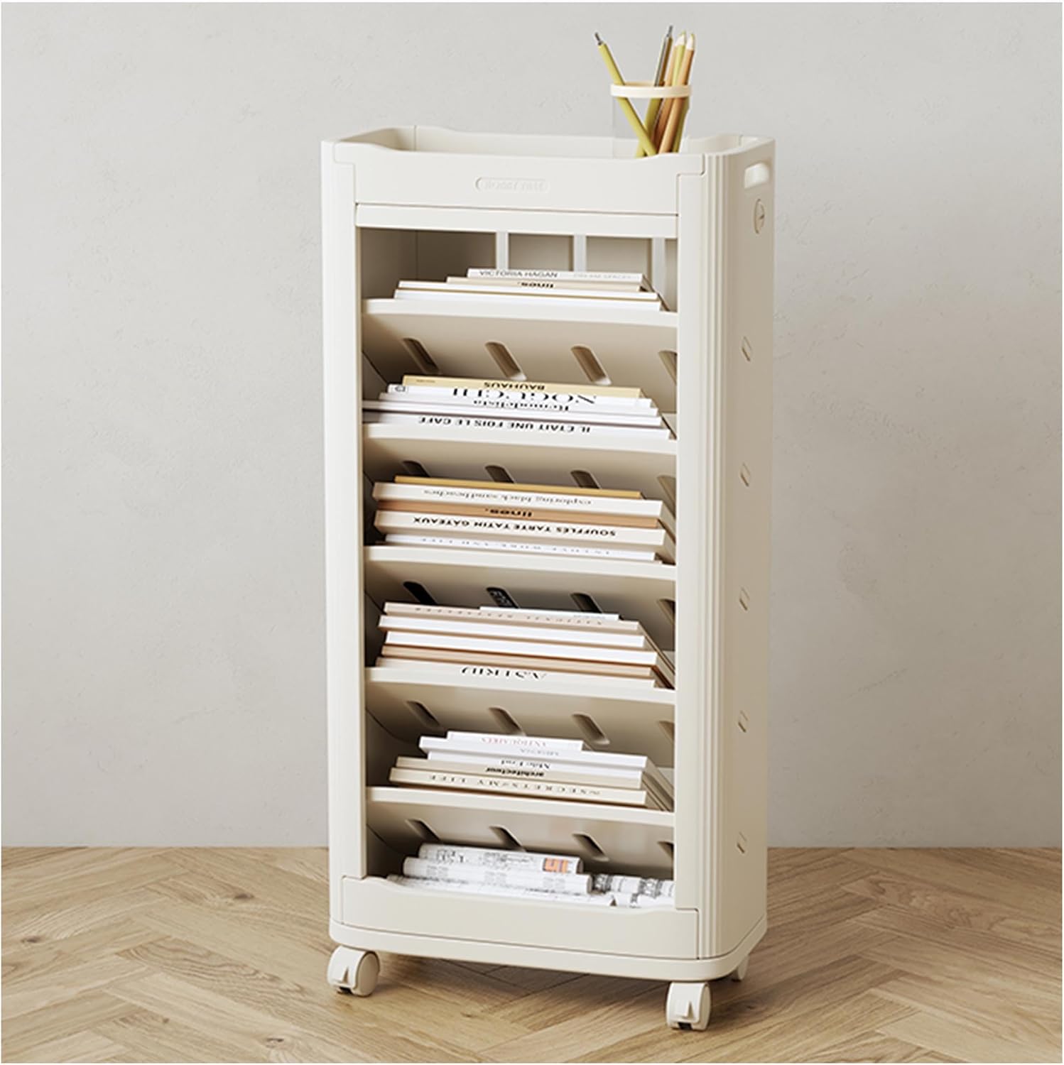 Storage Bookshelves Mobile Bookshelf, 6-Layer Removable Rotating Magazine Storage Rack with Wheels, Modern Utility Bookcase for Office, Home, School, Library