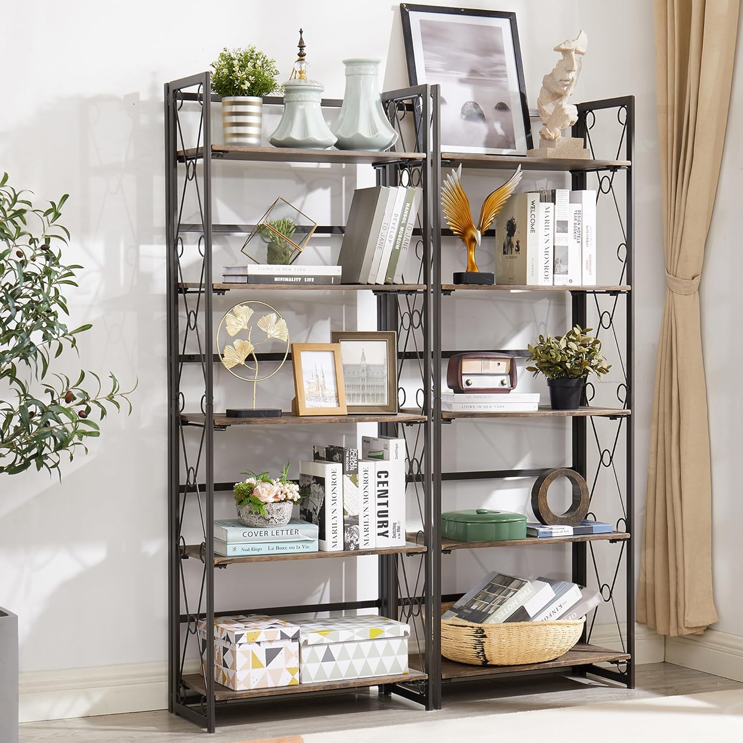 VECELO Folding Bookshelf, 5-Tier Bookcase Easy Assembly, Industrial Book Shelf Storage Organizer with X Metal Frame for Living Room/Home Office,Dark Brown,Set of 2