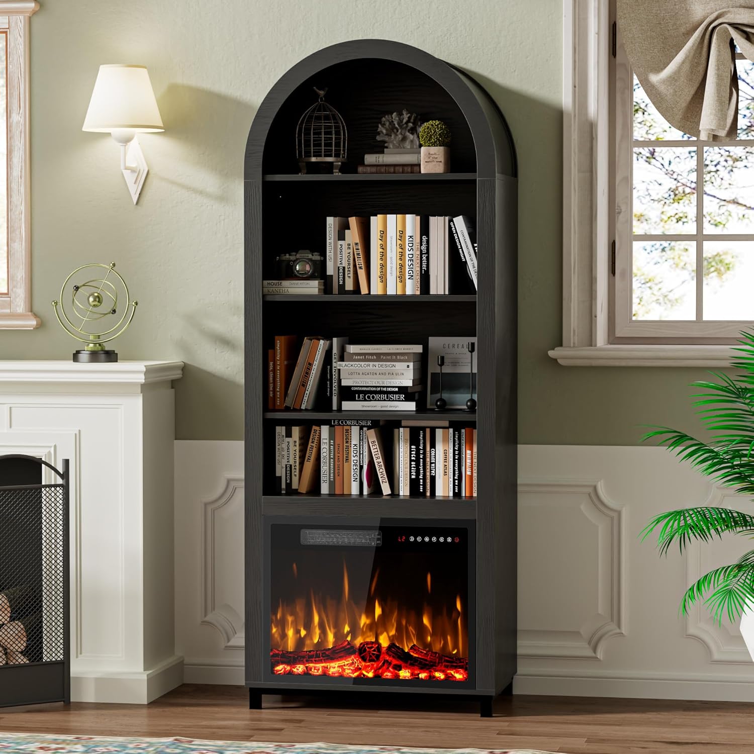 BREEZEHEAT 71” Arched Bookcase with 23” Electric Fireplace, 2 in 1 Wooden Display Cabinet-Storage Pantry with Adjustable Shelves, Black Fireplace Furniture for Living Room/Kitchen/Dining Room