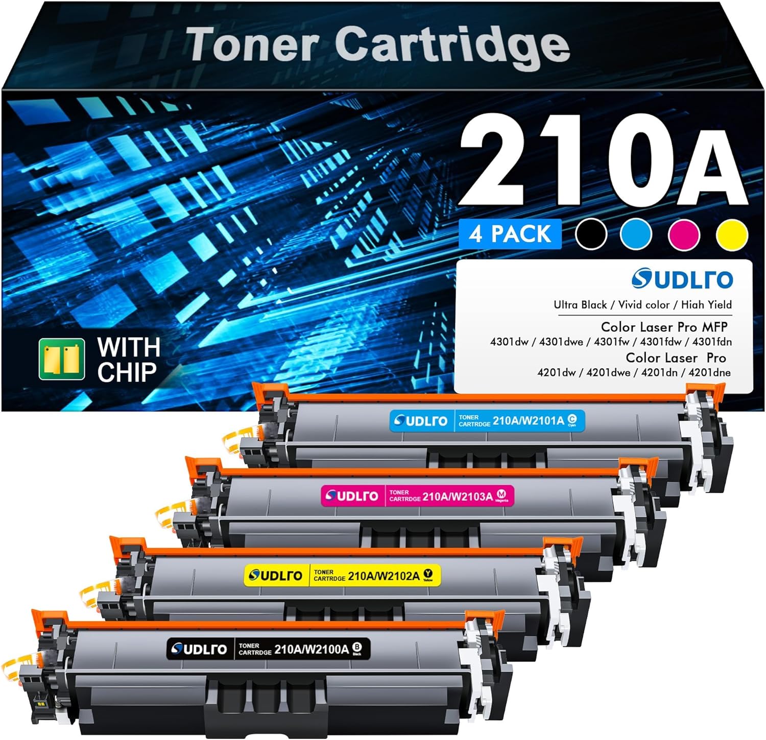 210A Toner Cartridges with Chip - 4301fdw Toner Replacement for HP 210A Toner Cartridges HP 210A 210X Work with HP Color LaserJet Pro MFP 4301fdw 4201dn 4301fdn 4201dw, W2100A 4 Pack High Yield