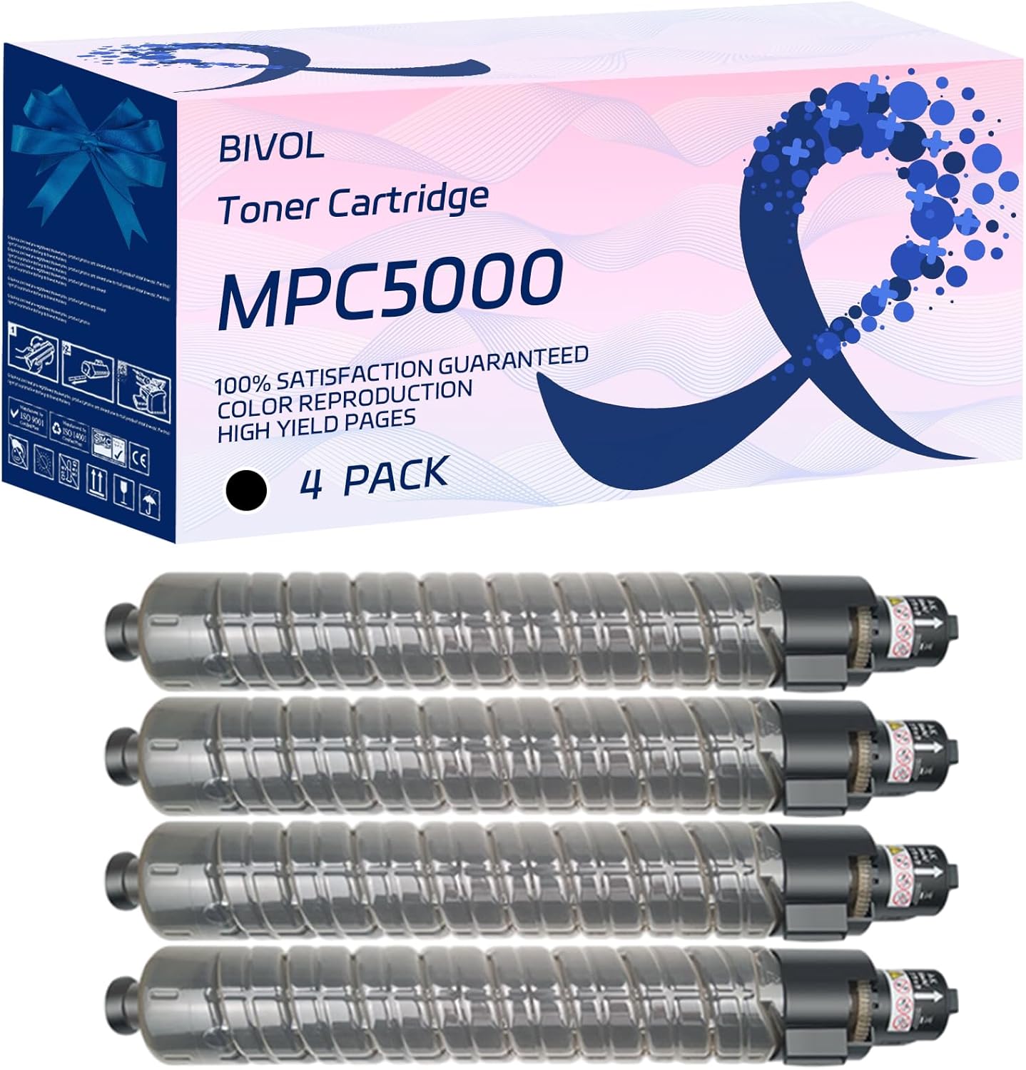 BIVOL MPC5000 Toner Cartridge Compatible for Ricoh Aficio MP C4000 C5000 Printers, with Chip, High Yield 23000 Pages, Vivid Colors (4 Pack Black)