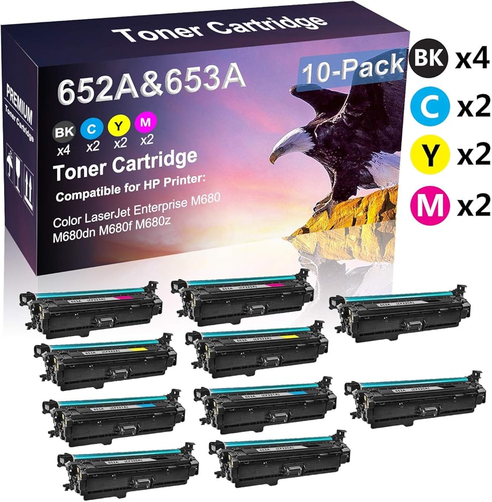 10 Pack (4BK+2C+2Y+2M) Compatible Laserjet Pro Enterprise M680dn M680f Imaging Toner Cartridge Replacement for HP 652A | 653A CF320A CF321A CF322A CF323A Laser Toner Cartridge(High Capacity)