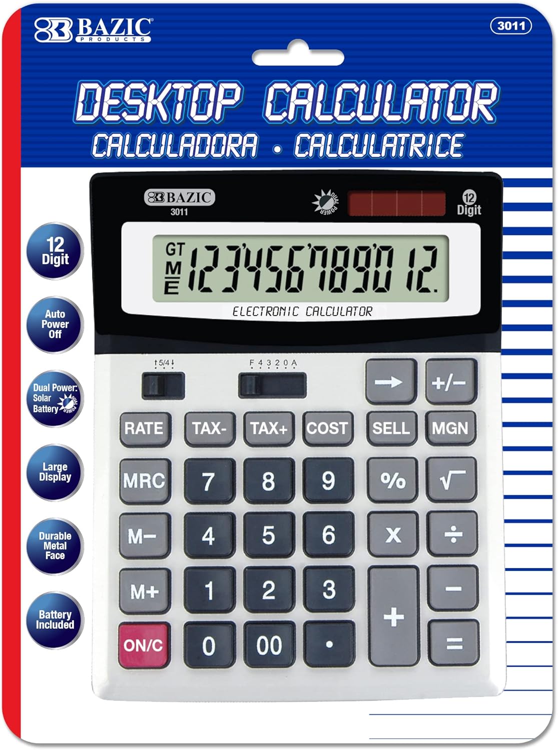 BAZIC 12-Digit Desktop Calculator w/Profit Calculation & Tax Functions