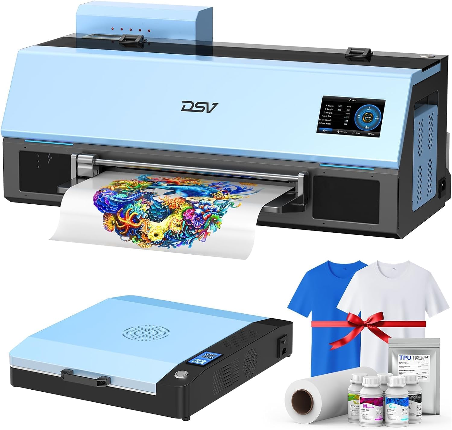 DSV A3 Plus XP600 DTF Printer,2X Printing Speed Compared to L1800,4.5” LED Multi-Function Touch Screen,Built-in White Circulation and Automatic Cleaning