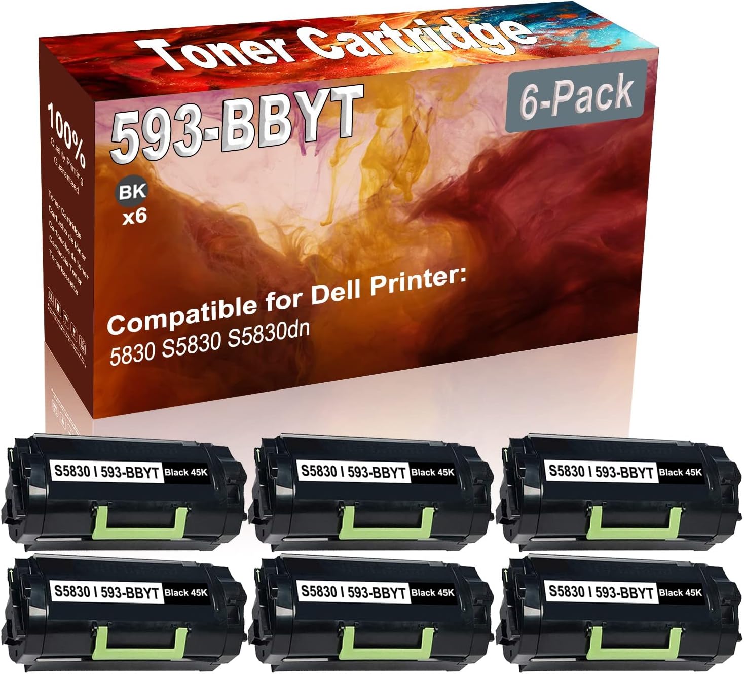 6-Pack (Black) Compatible 593-BBYT (8XTXR) Printer Toner Cartridge (High Capacity) fit for Dell 5830 S5830 S5830dn Printer