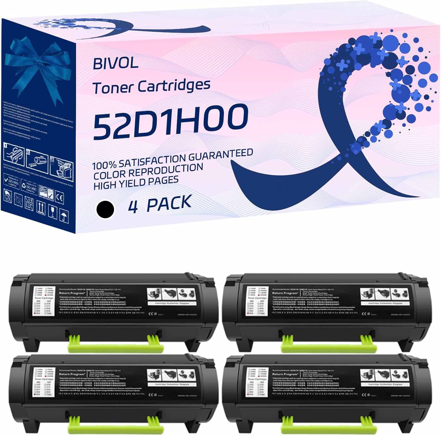 BIVOL 52D1H00 Toner Cartridges Compatible for Lexmark MS710dn MS711dn MS810de MS810dn MS810dtn MS810n Printers, High Yield 25000 Pages (4 Pack Black)