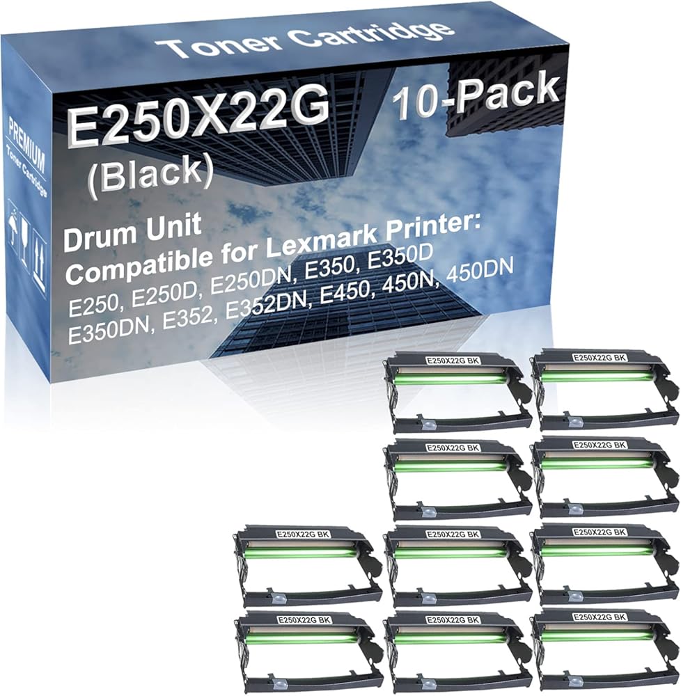 10-Pack Compatible E250X22G Drum Kit use for Lexmark E250, E250D, E250DN, E350 Printer (Black)