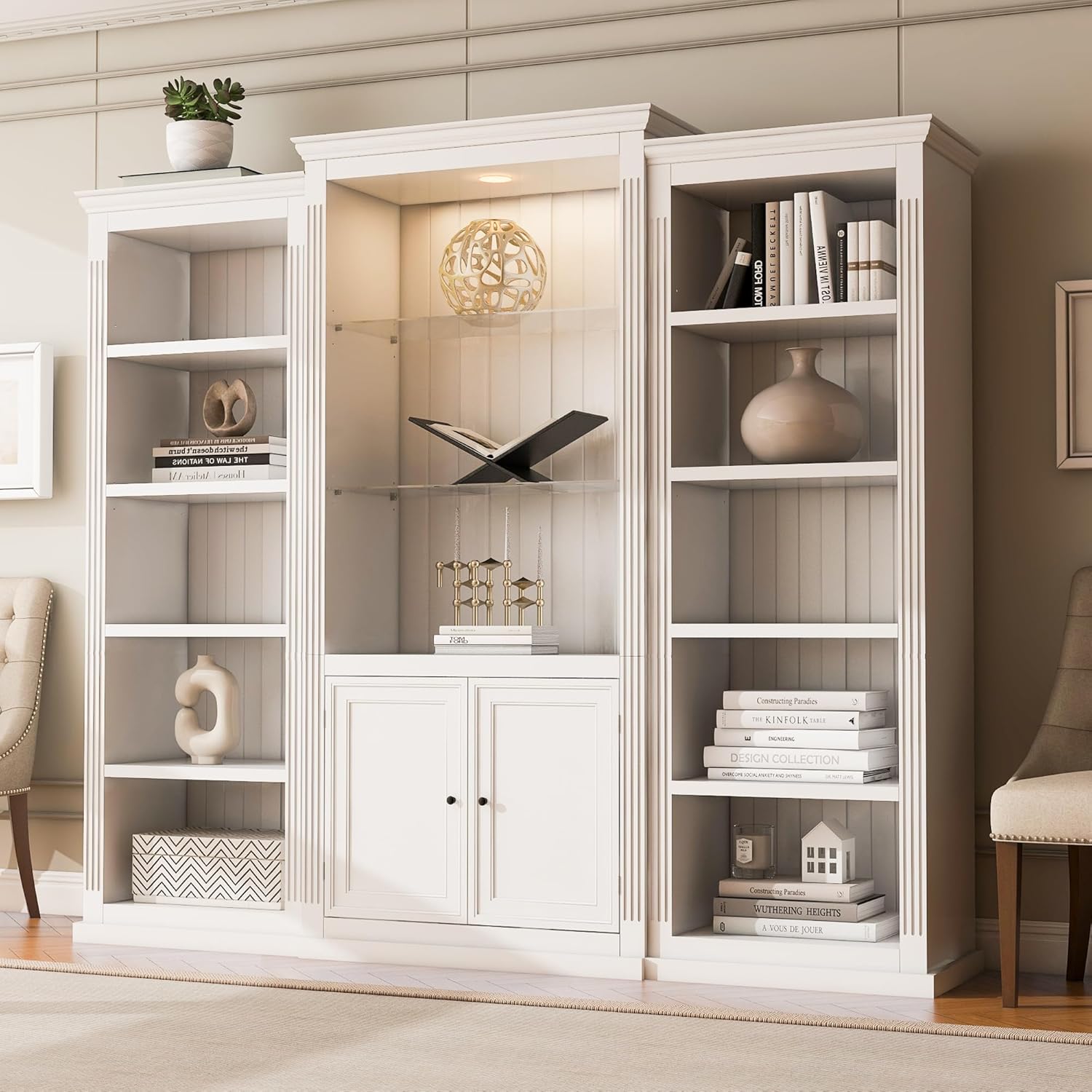 78.75'' Tall Retro 3-Piece Bookcase Set with 5-Color Adjustable LED Lighting,Book Shelf,Display Cabinet.6mm Tempered Glass Shelves & MDF Construction for Living Room, Office,Studio Display (White)