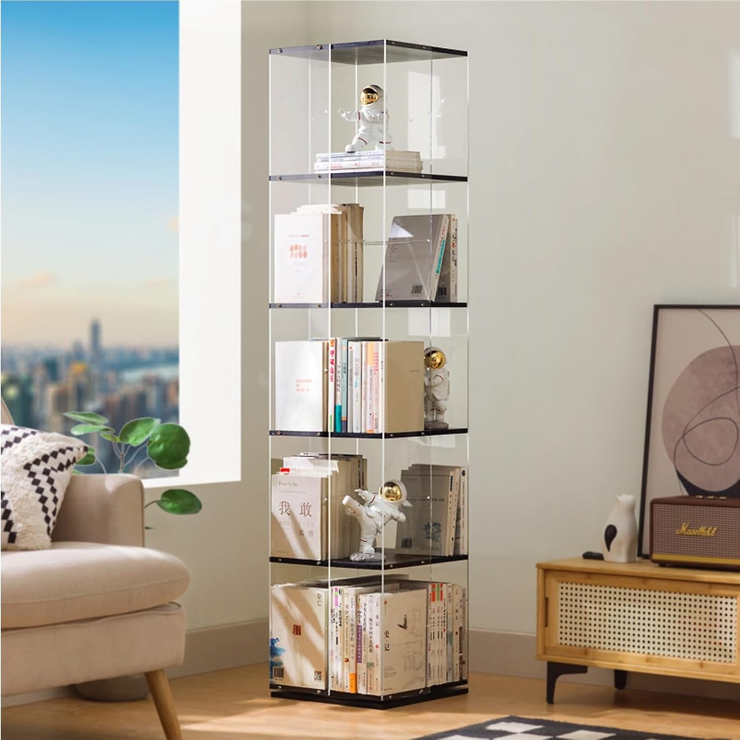 360° Rotating Bookshelf - 3/4/5 Tier Vertical Bookcase Stand Bookshelve, Acrylic Rotating Bookshelf, Children's Floor-standing Picture Book Rack, Simple Storage Rack for Home Students (B 5 tier)