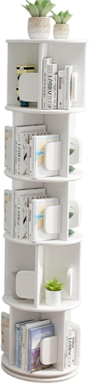 Bookshelf, Corner Rotating Bookshelf, 360 Display Spinning Bookcase Storage Rack, Floor Standing Revolving Bookcase Narrow Book Shelf Organizer (Color : White, Size : 5-Tier)