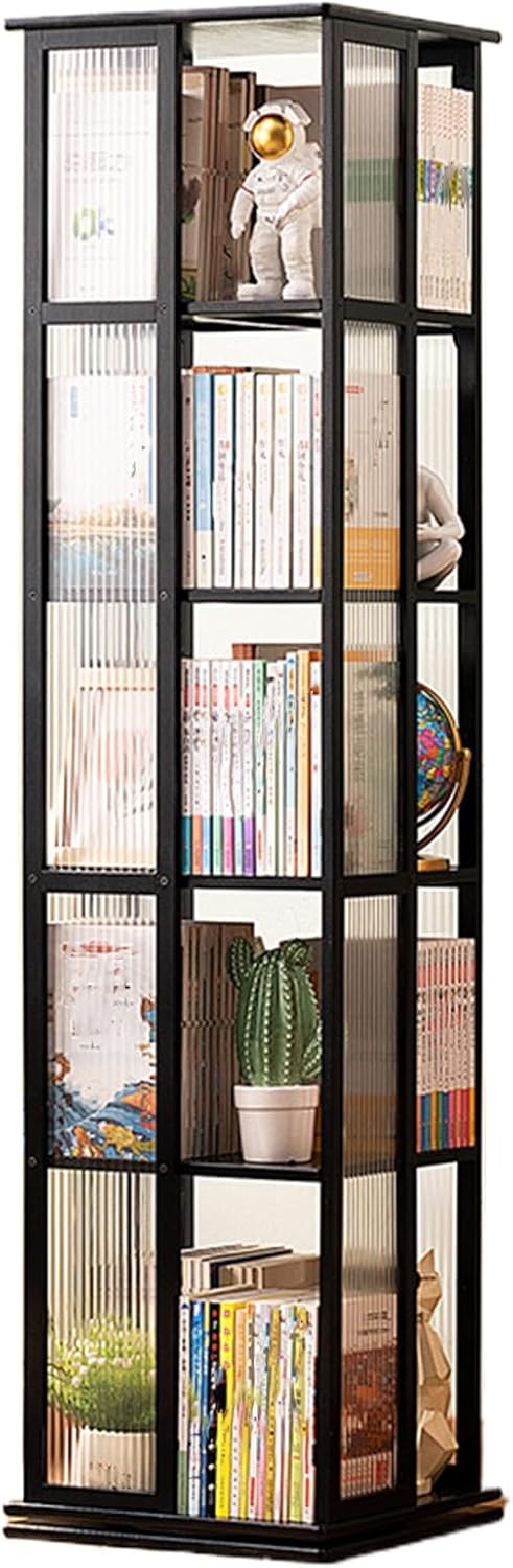 ZLGONRL Revolving Bookcase Rotating Bookshelf Tower, Wood Stackable Solid Wood Bookshelf Organizer, Storage Display Rack (5 Layers Black)