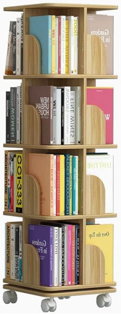 Rieort Fashion Bookshelf Simple Bookshelf 360°Rotation with Wheels Bookcase Particleboard Bookshelves Home Space Saving Floor Rack Bookcase not Shaking