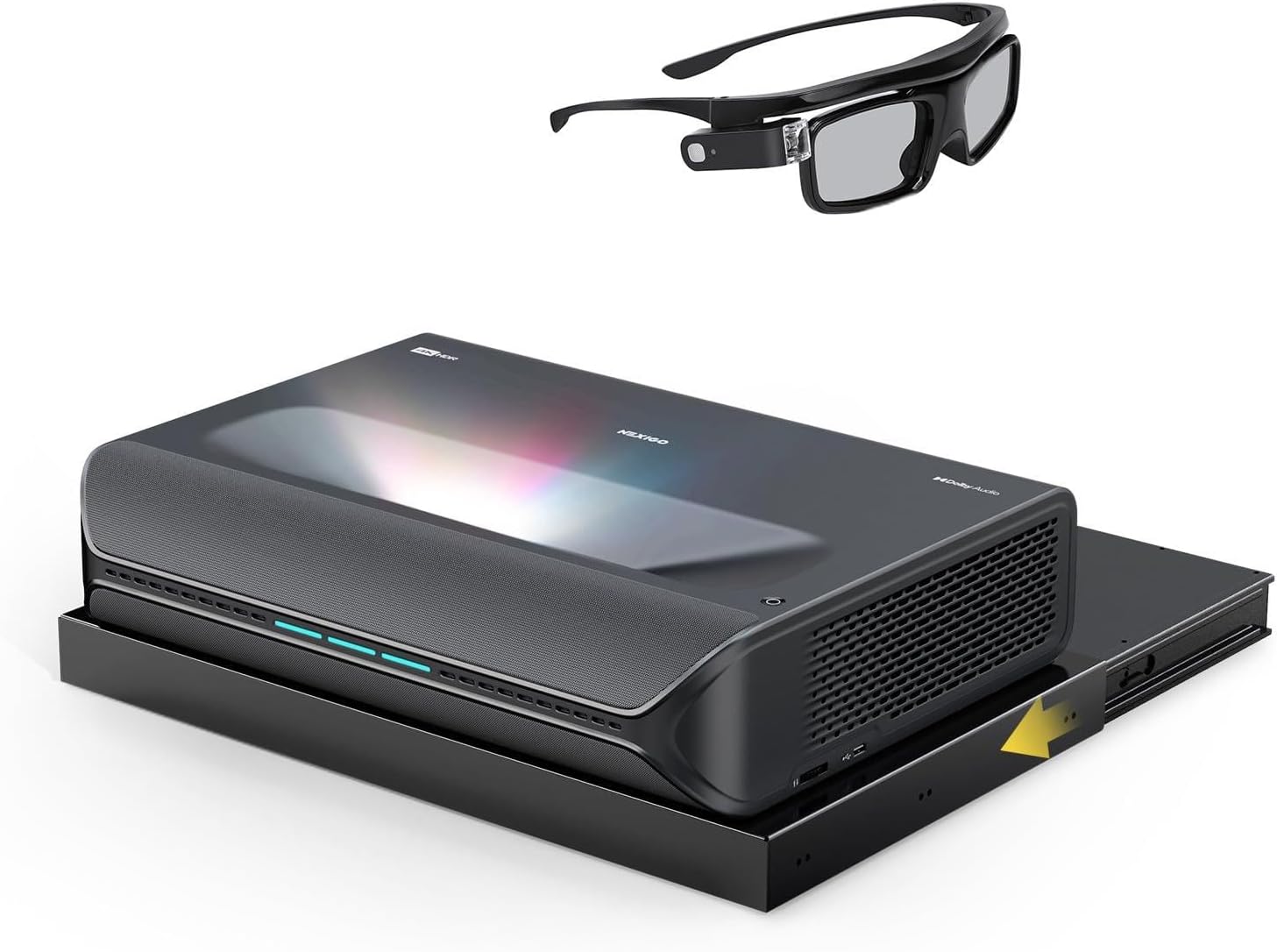 NexiGo Aurora Pro MKII with Official AS200 Motorized Sliding Tray and 3D Glasses, 4K Tri-Color Laser UST Projector, Dynamic Iris & Laser Dimming, 0.21:1 Throw Ratio, Dolby Vision & Atmos
