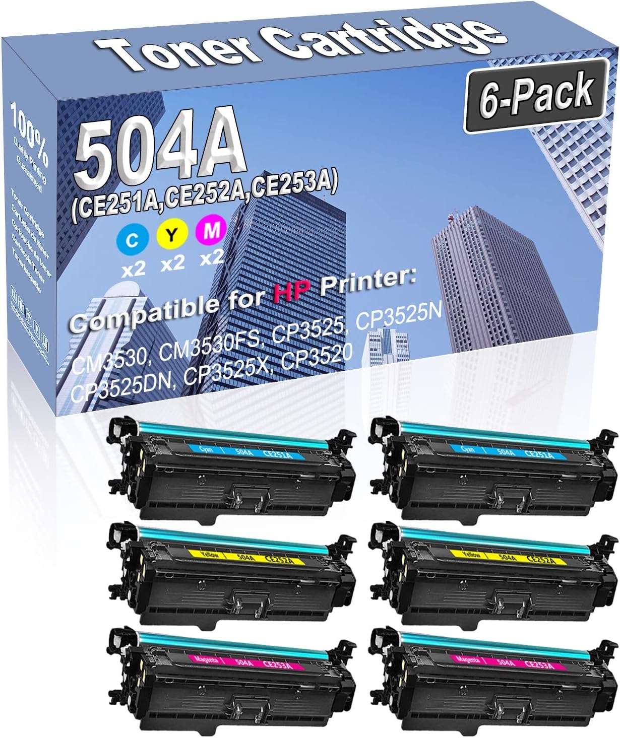6-Pack (2C/2Y/2M) Compatible High Capacity 504A (CE251A CE252A CE253A) Color Toner Cartridge use for HP CM3530 CM3530FS CP3525 CP3525N CP3525DN CP3525X CP3520 Printer