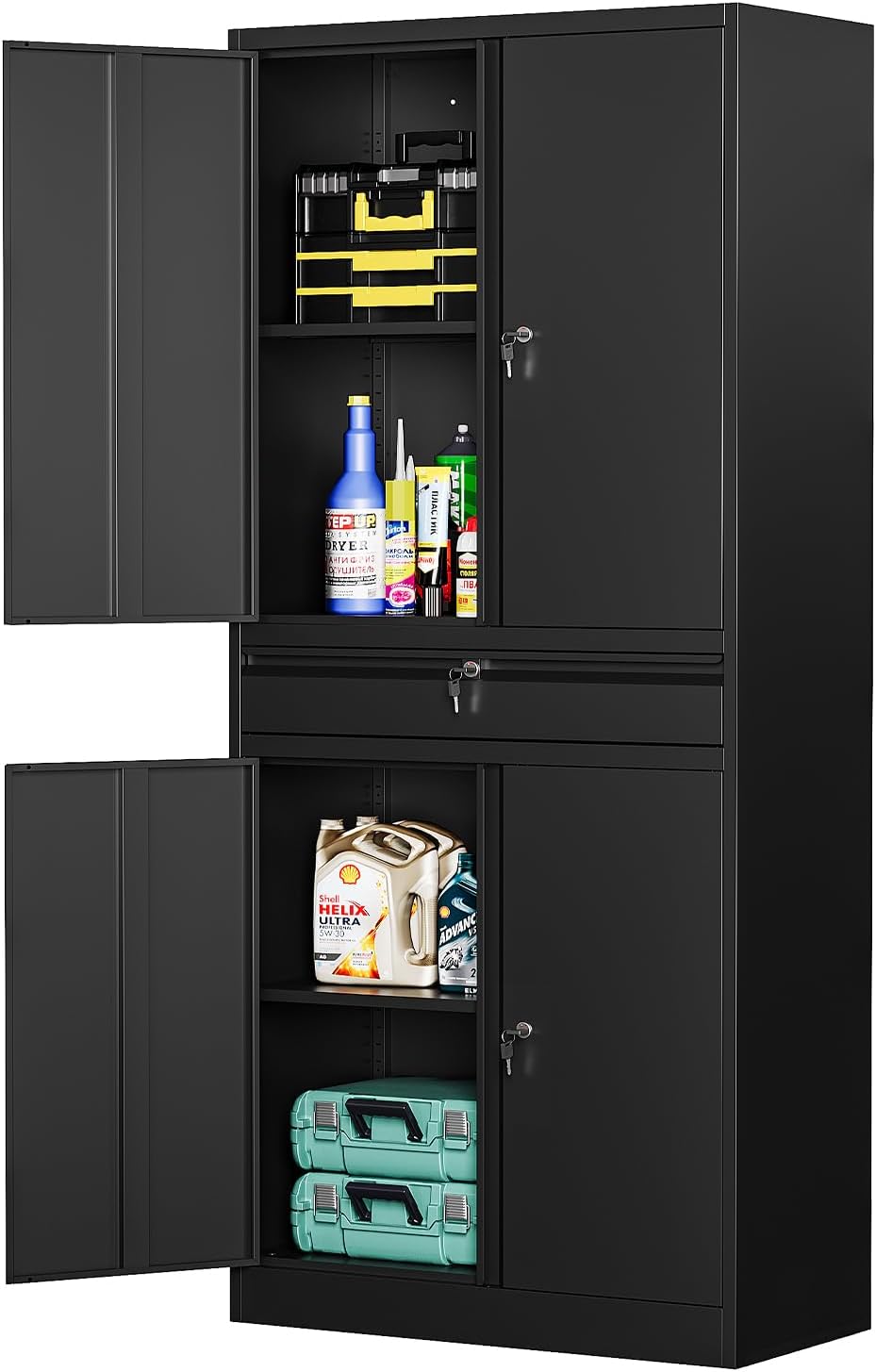 MIIIKO Metal Storage Cabinet with Drawer, Black Garage Cabinet with 4 Doors and Shelves, Locking Tool Storage Cabinet for Garage, Basement, Pantry, Warehouse and Home Office