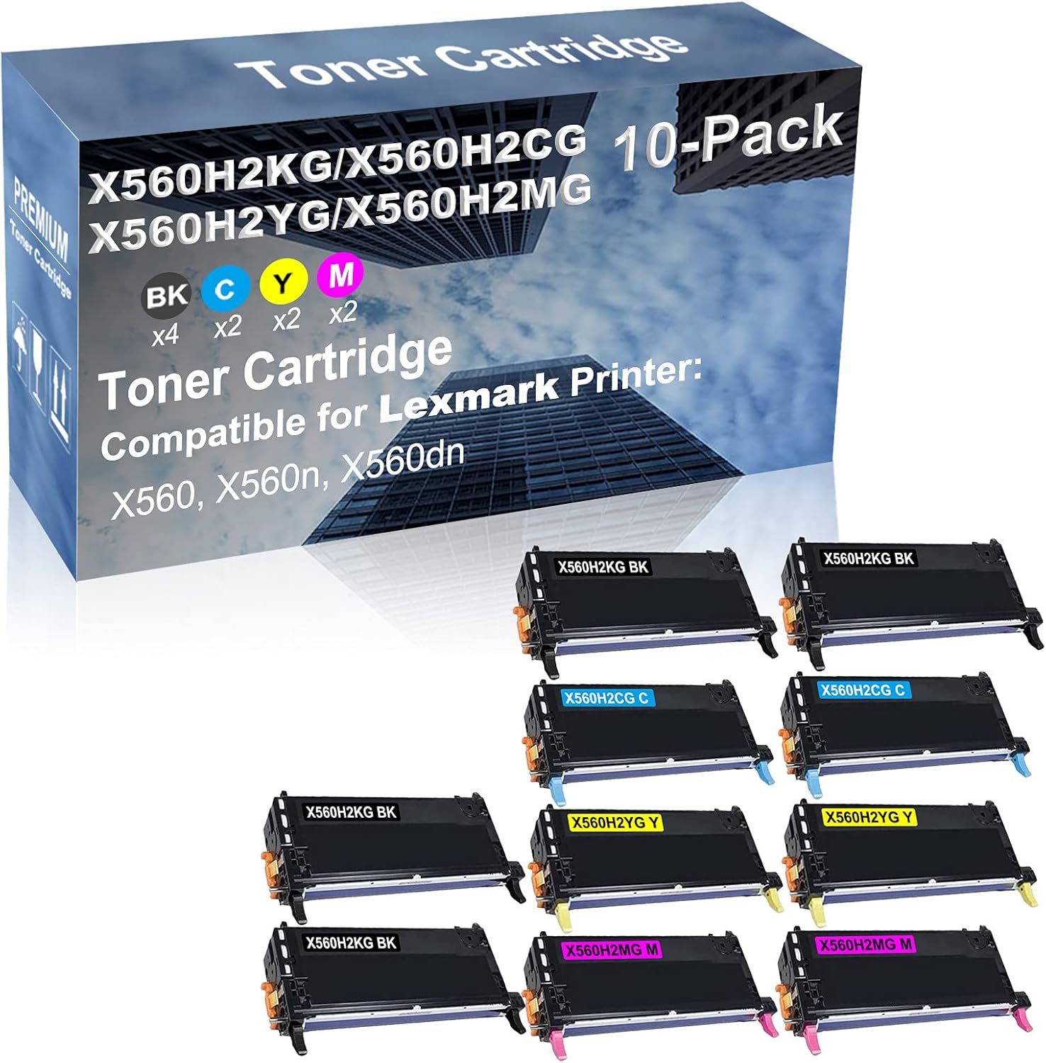10-Pack (4BK+2C+2Y+2M) Compatible High Capacity X560H2KG+ X560H2CG+ X560H2YG+ X560H2MG Toner Cartridge Used for Lexmark X560, X560n, X560dn Printer