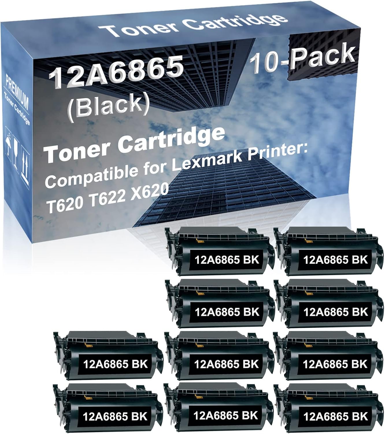 10-Pack Compatible High Capacity 12A6865 Printer Cartridge use for Lexmark T620 T622 X620 Printer (Black)