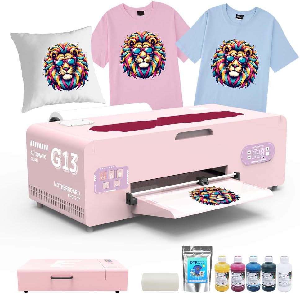 HIXSOP A3 1390 DTF Transfer Printing Machine with Roll Feeder, White Ink Circulation and Semi-Automatic Cleaning for T-Shirt Maker and Clothes Design, Pink(Printer+Oven+Ink+Software)