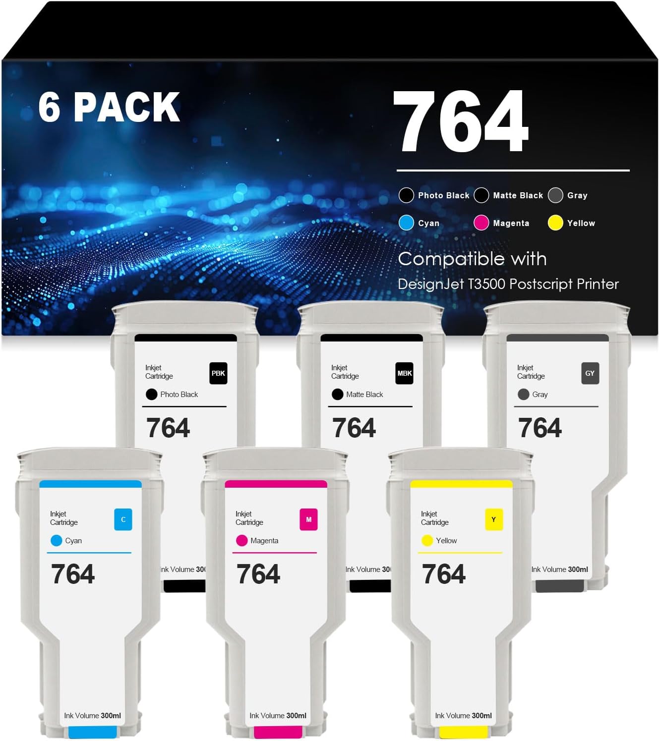 764 Ink Cartridges Replacement for HP 764 HP764 for C1Q13A C1Q14A C1Q15A C1Q16A C1Q17A C1Q18A for DesignJet T3500 Postscript Printer Photo Black/Matte Black/Gray/Cyan/Magenta/Yellow 300-ML 6-Pack