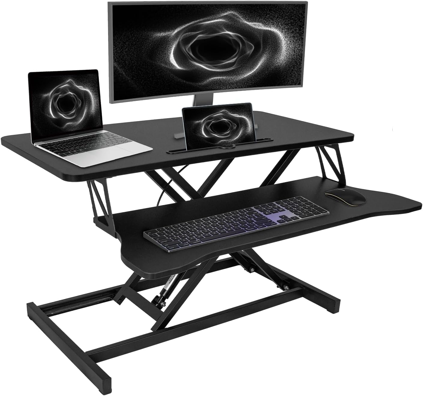 OUKMIC Standing Desk Converter 32” Height Adjustable Sit to Stand Up Desk Riser with Keyboard Tray for Home or Office, Dual Monitor and Computer Workstation Wide 2-Tier Desktop, Black