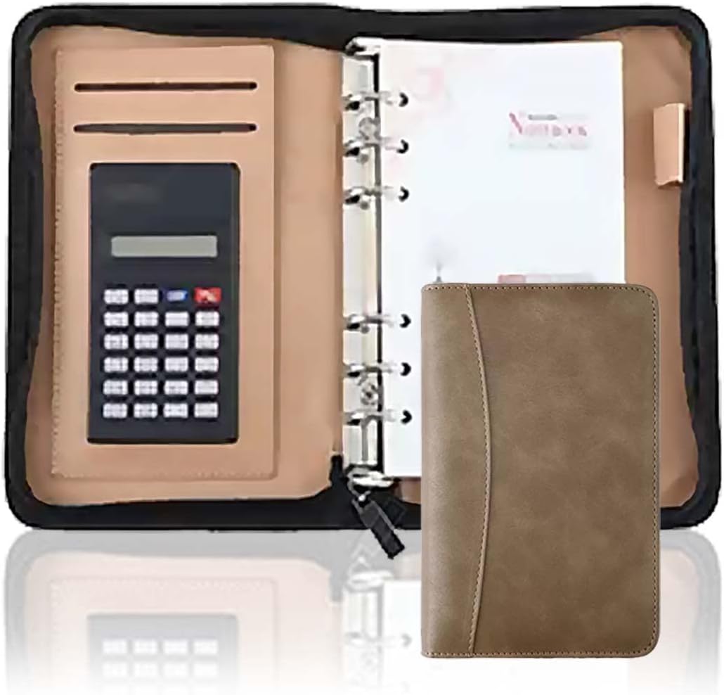 EoxinDm Padfolio Organizer Binder,Portfolio, A5/B5/A6 PU Leather Conference Portfolio Fold Business Padfolio Zipper Organizer Folder with Calculator 6 Ring Binder Clipboard for Office Work(Brown,A6)