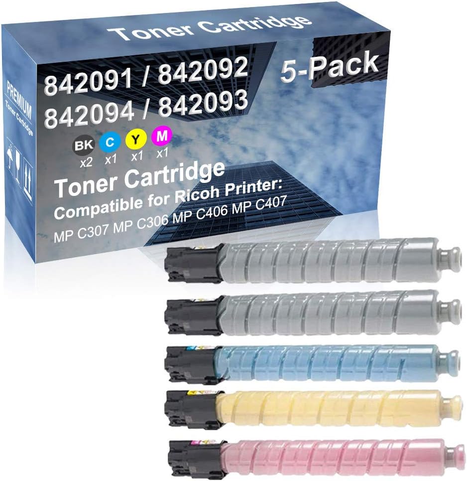 5-Pack (2BK+C+Y+M) Compatible High Capacity 842091 842092 842094 842093 Toner Cartridge Used for Ricoh MP C307 MP C306 MP C406 MP C407 Printer