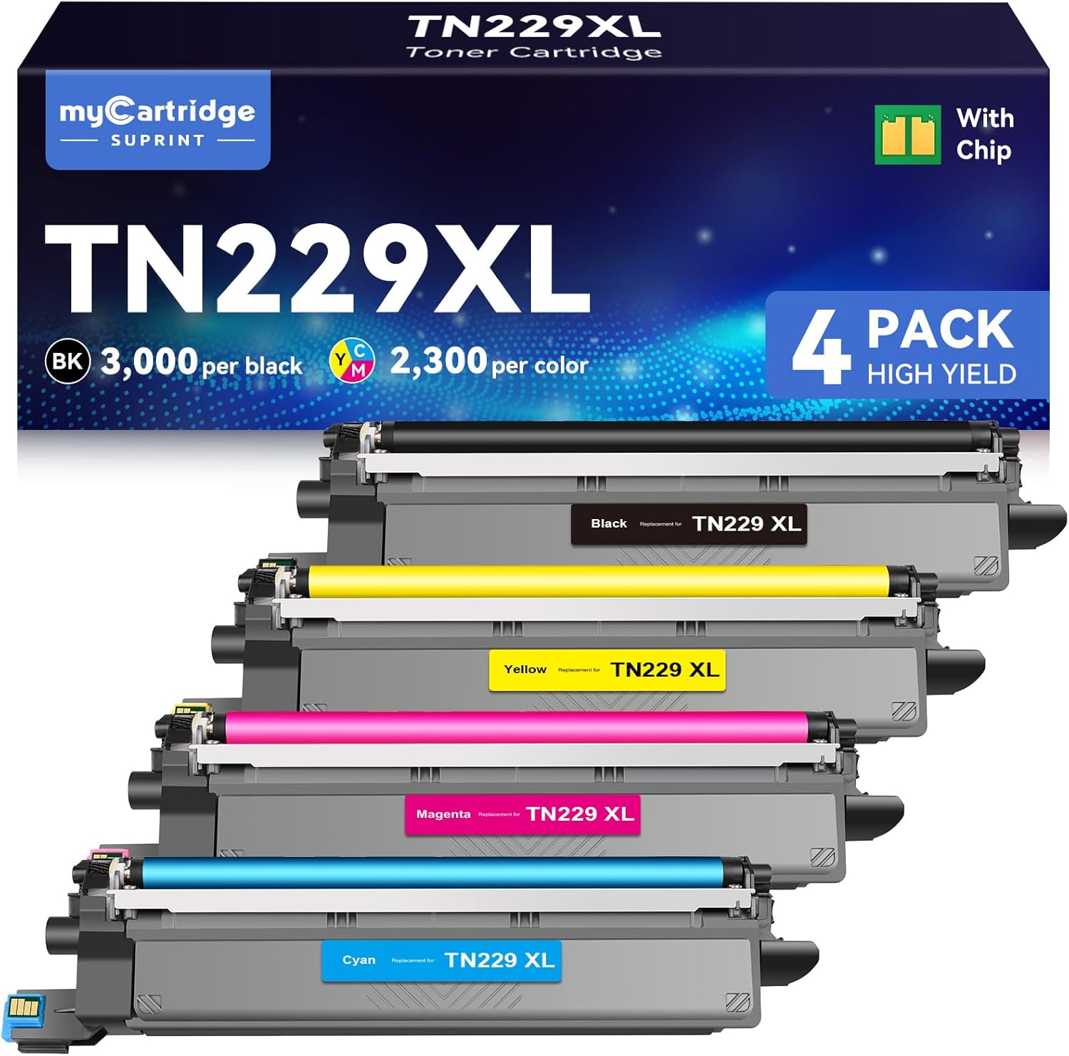 Compatible TN229XL Toner Cartridges Replacement for Brother TN229XL TN-229XL TN229 XL use with MFC-L3780CDW MFC-L3720CDW HL-L3220CDW HL-L3280CDW HL-L3300CDW Printer (TN229XL BK/C/M/Y-4 Pack)