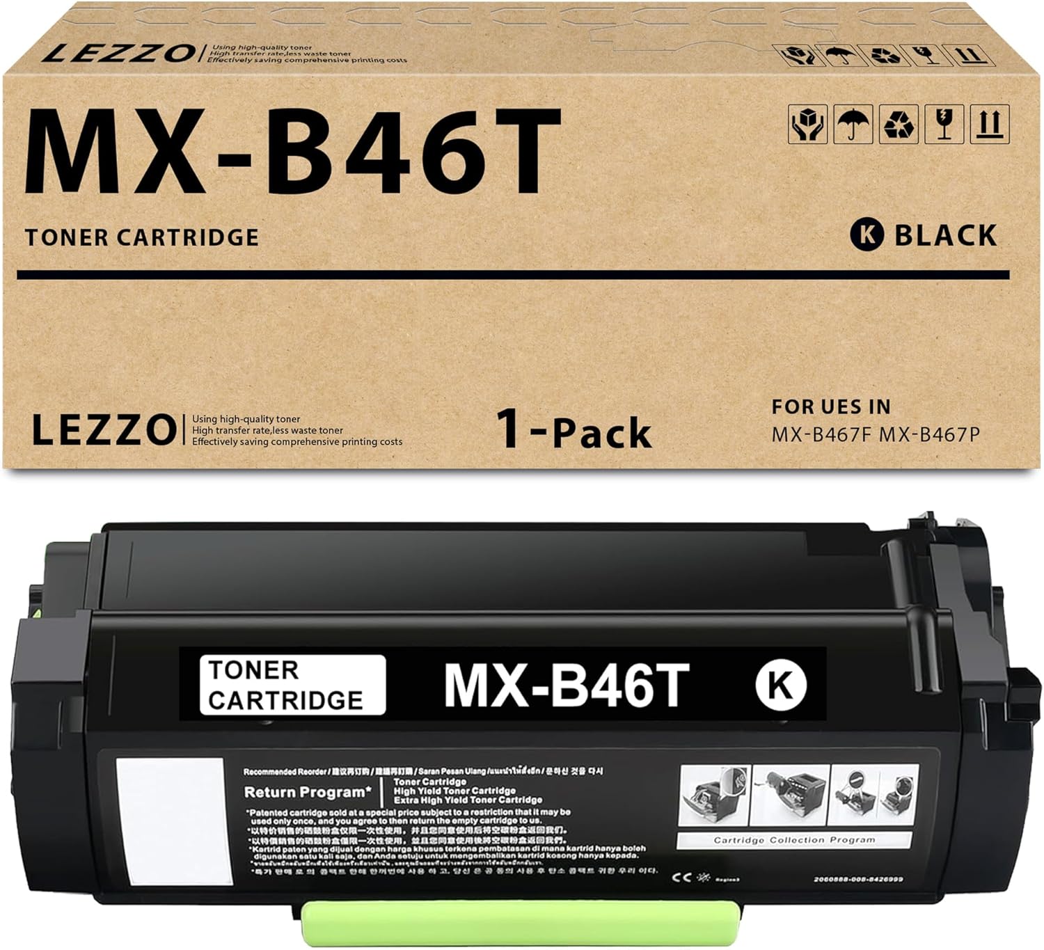 Lezzo MX-B46T Black Toner Cartridge 1-Pack with Chip MX-B46T High Yeild Toner Replacement for Sharp MX-B46T MXB46T Toner for MX-B467F MX-B467P Printer (25,500 Pages)