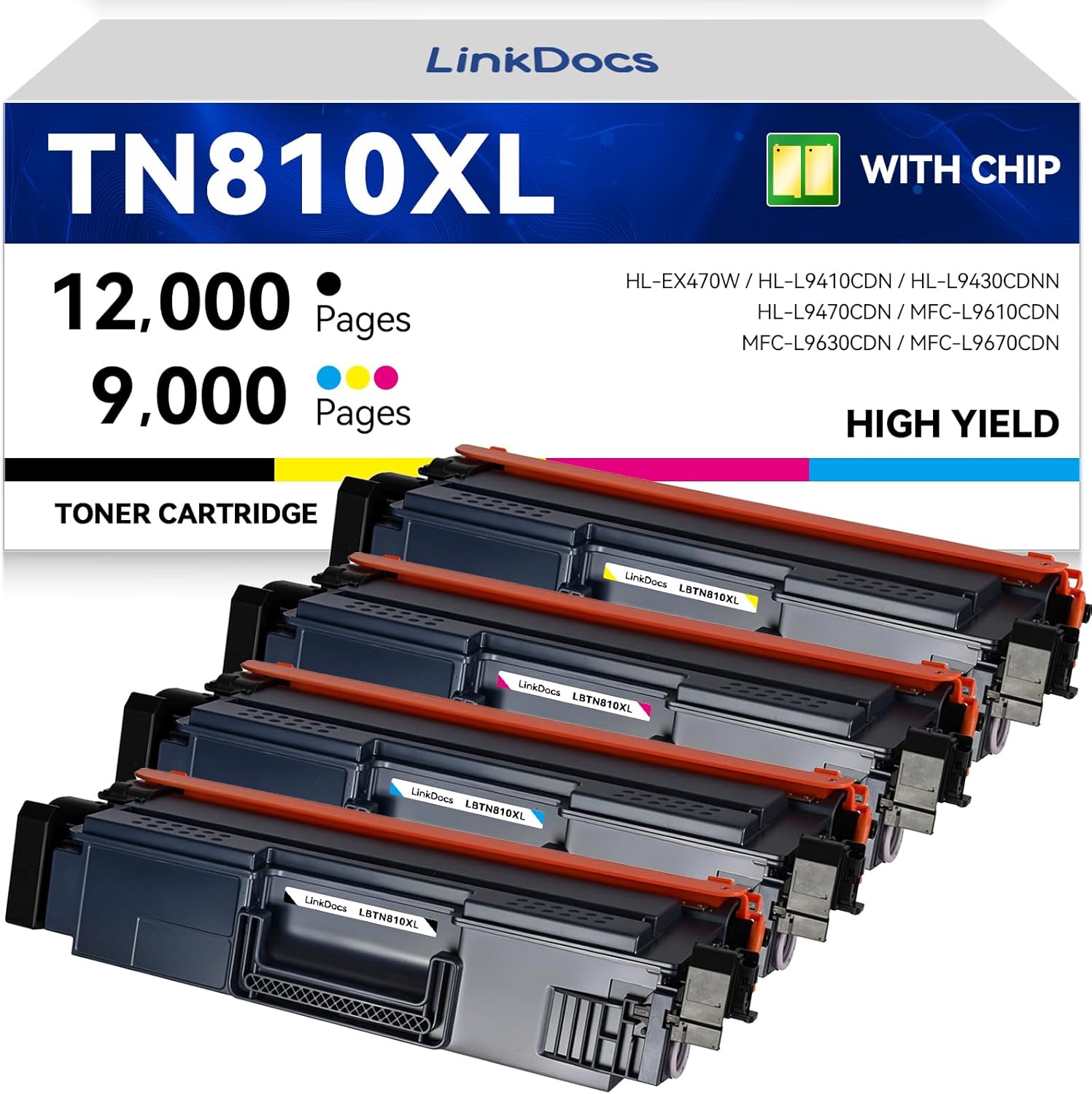LinkDocs TN810XL High Yield Toner Cartridge Replacement for Brother TN-810 TN810 TN-810XL Used with Brother MFC-L9610CDN HL-EX470W HL-L9410CDN HL-L9430CDN HL-L9470CDN Printer (4 Color Pack)