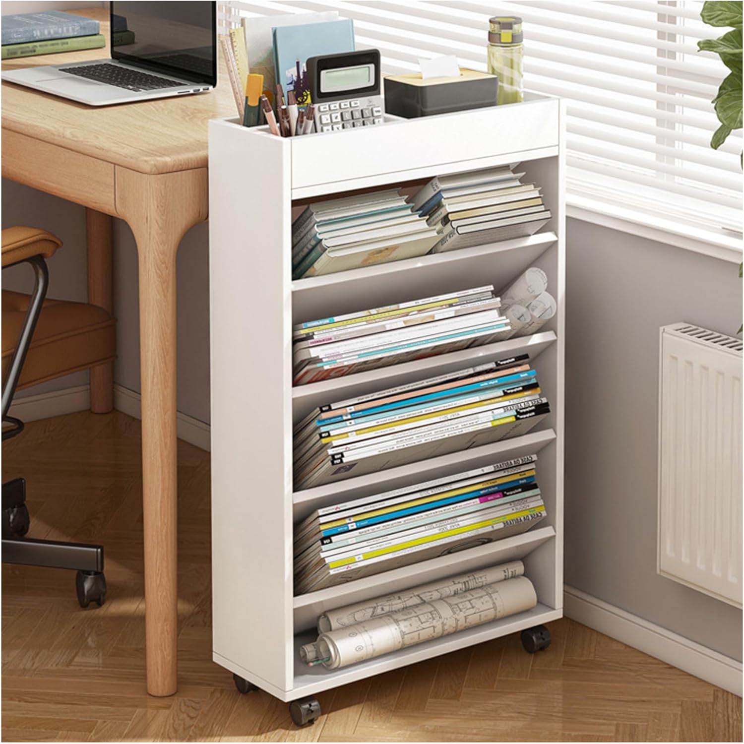 Mobile Bookcase with Wheels, 5-Layer Multfunctional Magazine Holder, Durable Rotating Bookshelf Organization Shelf for, Students, Teachers and Adult