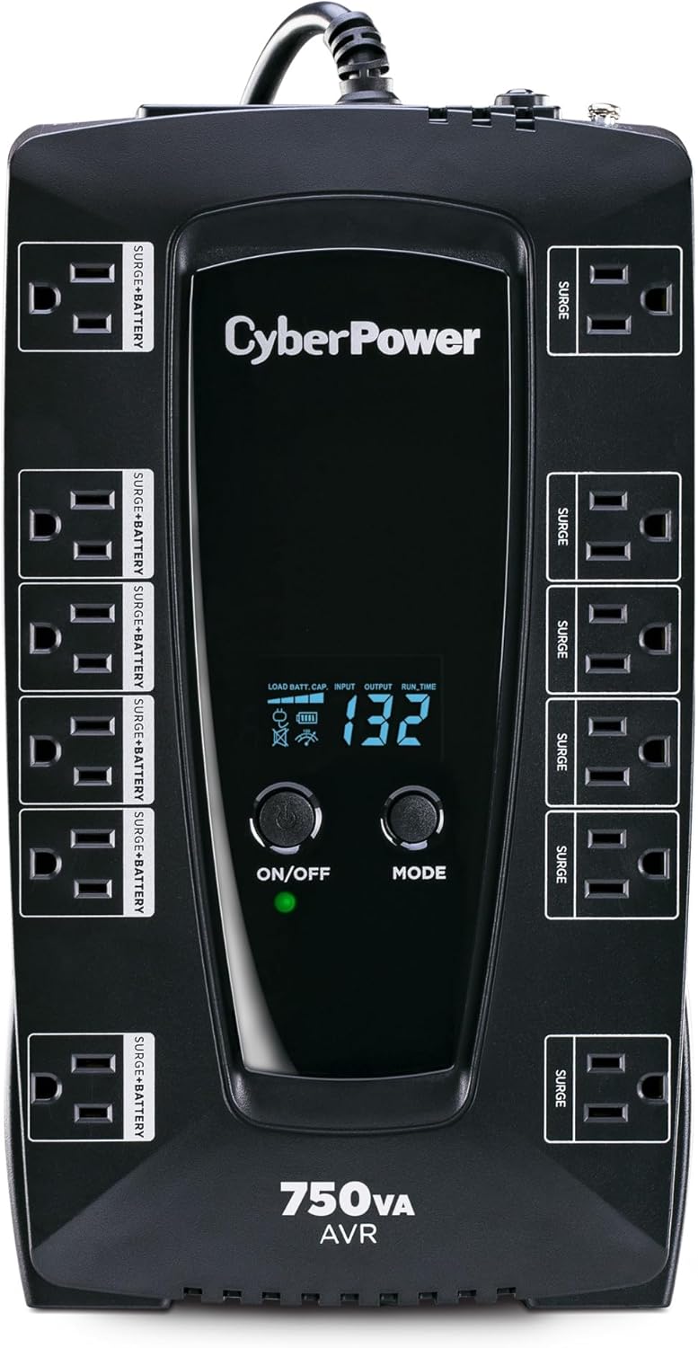 CyberPower AVRG750LCD Intelligent LCD UPS System, 750VA/450W, 12 Outlets, AVR, Compact