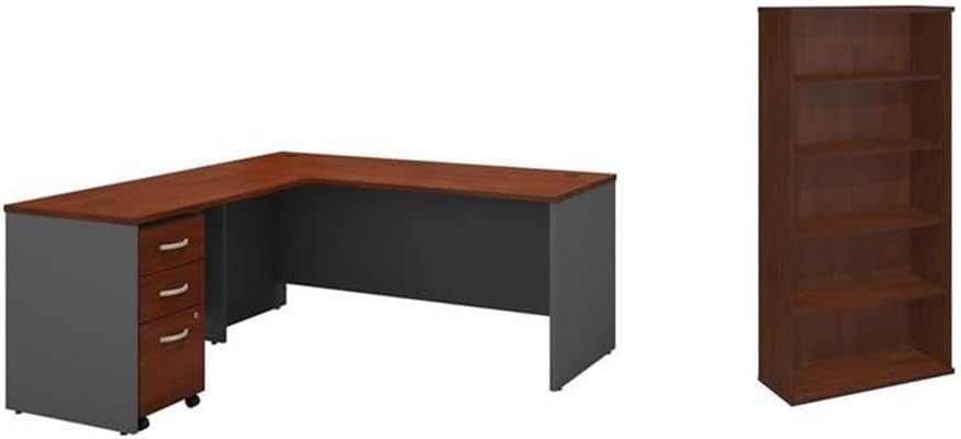 Pemberly Row Set of 2 66W L-Shaped Desk & 5-Shelf Bookcase in Hansen Cherry