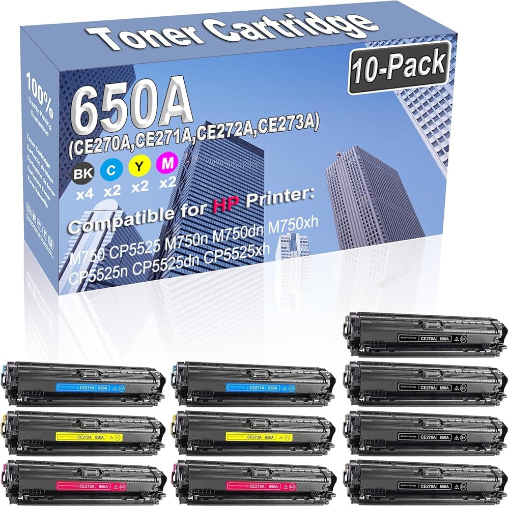 10-Pack (4BK/2C/2Y/2M) Compatible High Capacity 650A (CE270A CE271A CE272A CE273A) Toner Cartridge Used for HP M750 CP5525 M750n M750dn M750xh CP5525n CP5525dn CP5525xh Printer