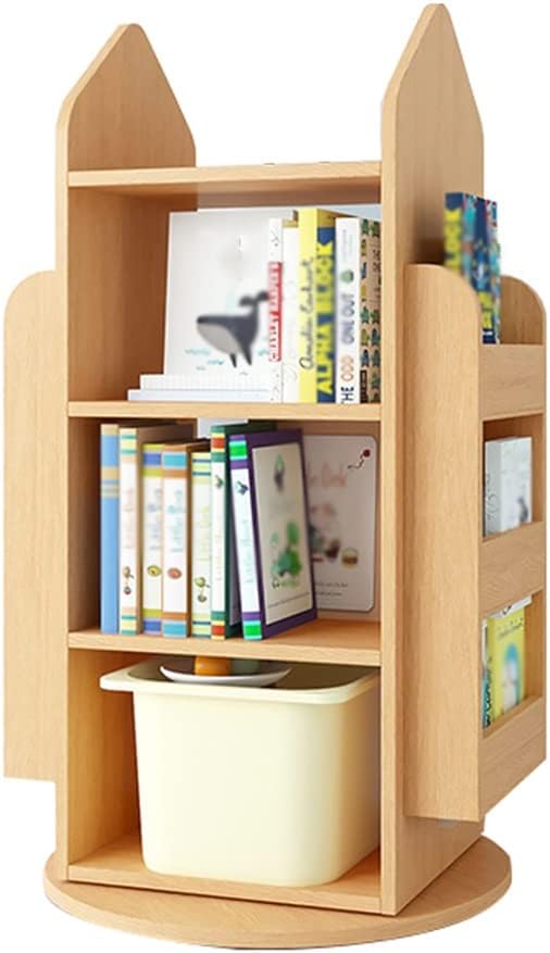 360 Degree Rotation Kids House Bookshelf, Space Saving Solid Wood Bookcase, Picture Book Display Shelf, Easy to Assemble