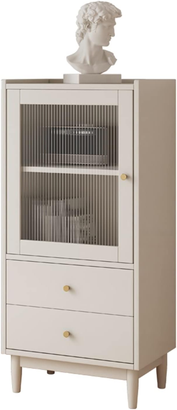 KIRANDY Solid Wood Bookcase with Glass Door, Simple Modern Storage Cabinet, Living Room Display Cabinet Floor-to-Ceiling Bookshelf (45CM Ivory White 2layers)