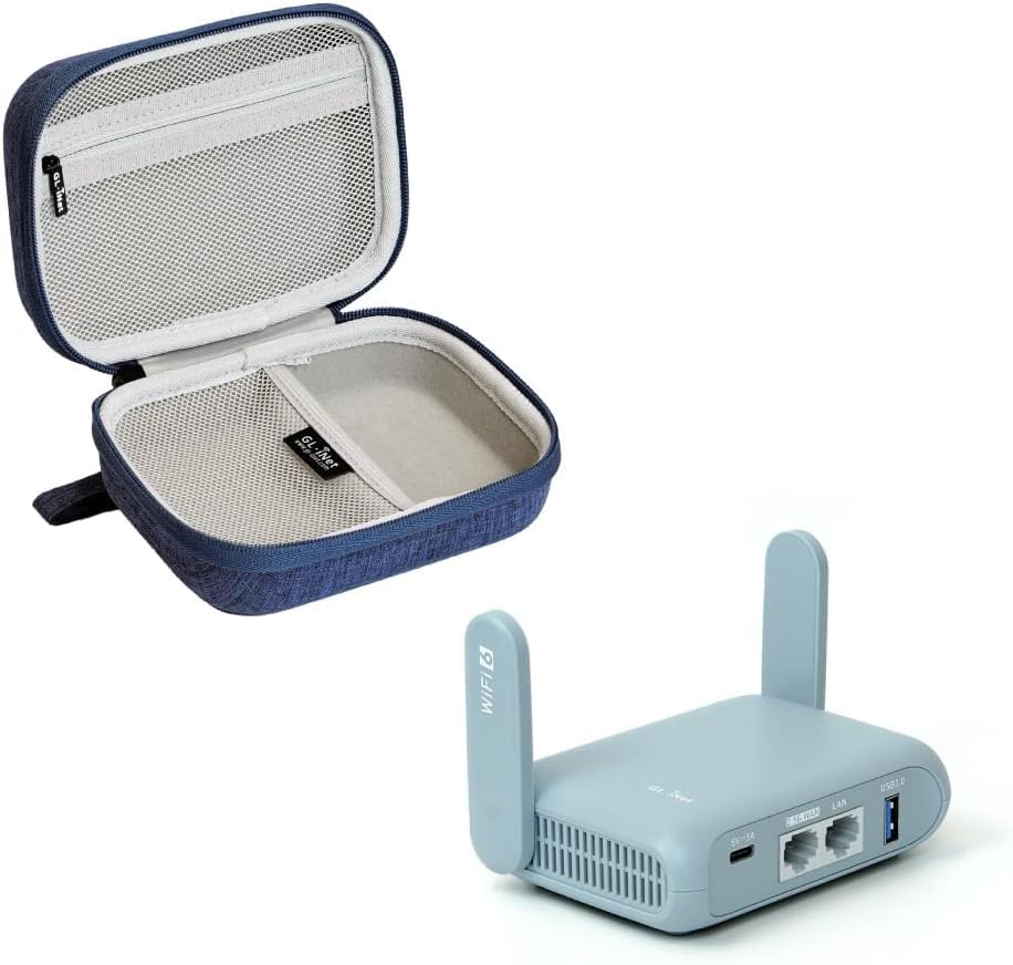Gadget Organizer Case (Blue) & GL.iNet GL-MT3000 (Beryl AX) Pocket-Sized Wi-Fi 6 AX3000 Wireless Travel Gigabit Router