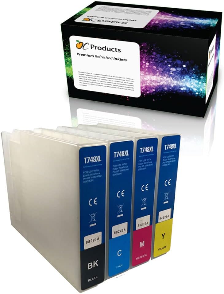 OCProducts Remanufactured Ink Cartridge Replacement 4 Pack for Epson 748XL for Workforce Pro WF-6090 WF-6530 WF-6590 WF-8090 WF-8590 (Black, Cyan, Magenta, Yellow)