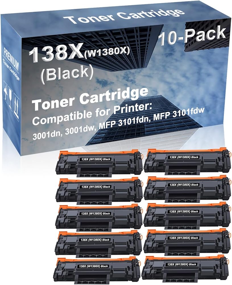 10-Pack Compatible High Capacity 138X (W1380X) Printer Cartridge use for 3001dn, 3001dw, MFP 3101fdn, MFP 3101fdw Printer (with Chip) (Black)
