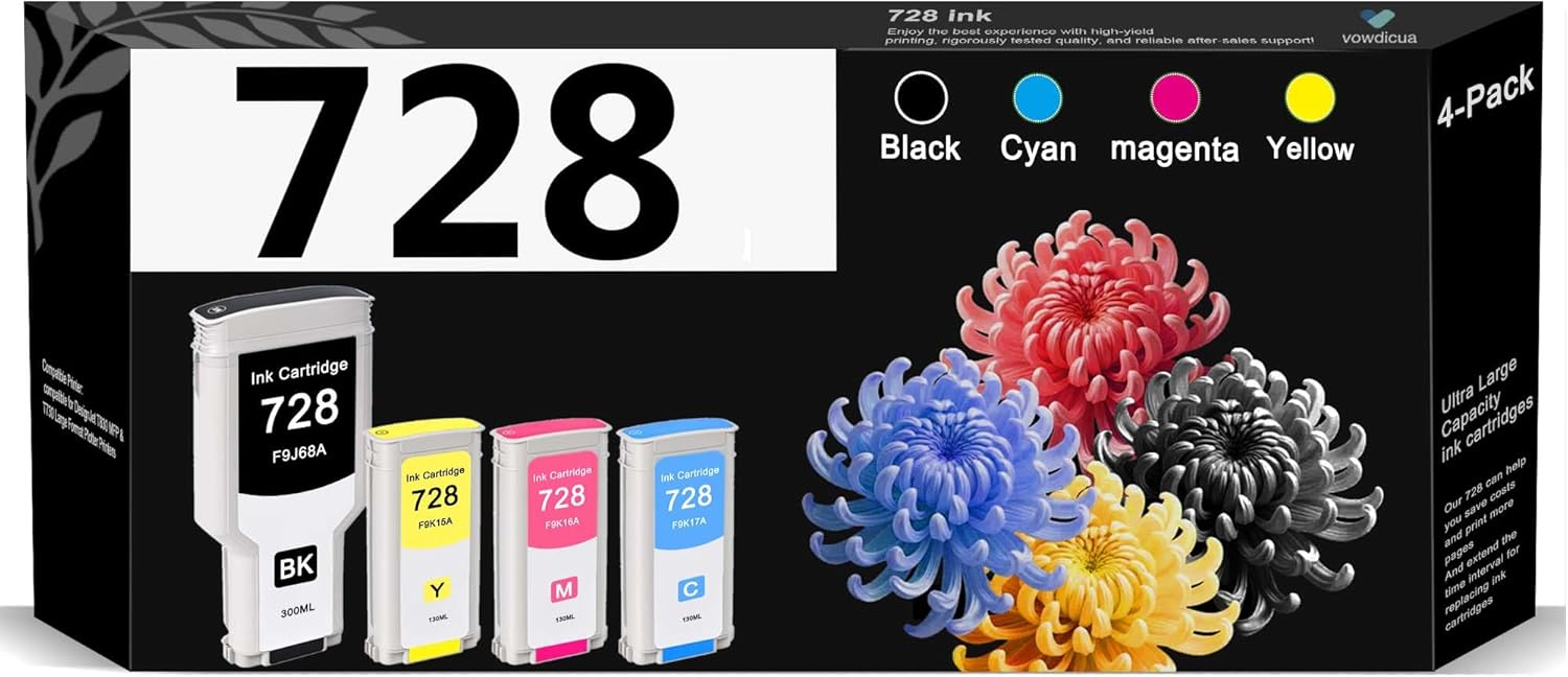 Vowdicua 728 Ink Cartridges (4 Pack Black, Cyan, Magenta, Yellow) Compatible 728 High Yield Ink Cartridges Replacement for HP 728 for DesignJet T830 MFP & T730 Large Format Plotter Printer