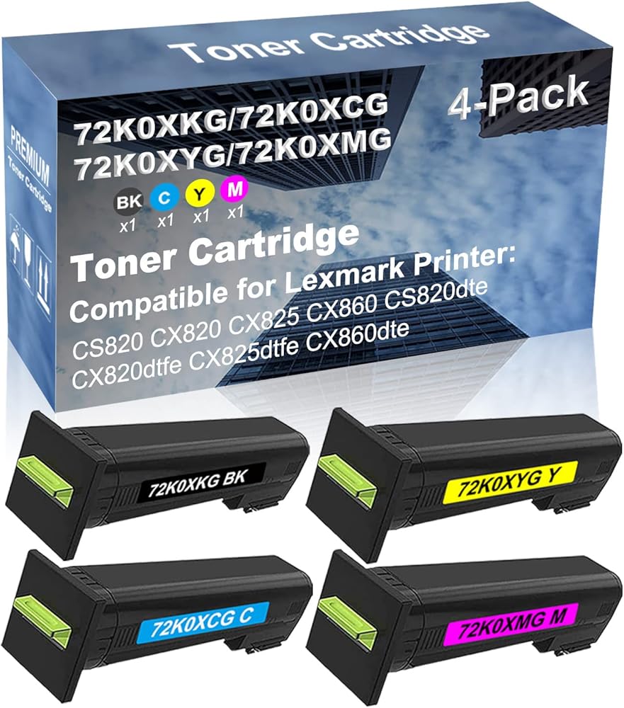 4-Pack (BK+C+Y+M) Compatible High Yield 72K0XKG+ 72K0XCG+ 72K0XYG+ 72K0XMG Laser Printer Toner Cartridge Used for CX825dtfe CX860dte Printer