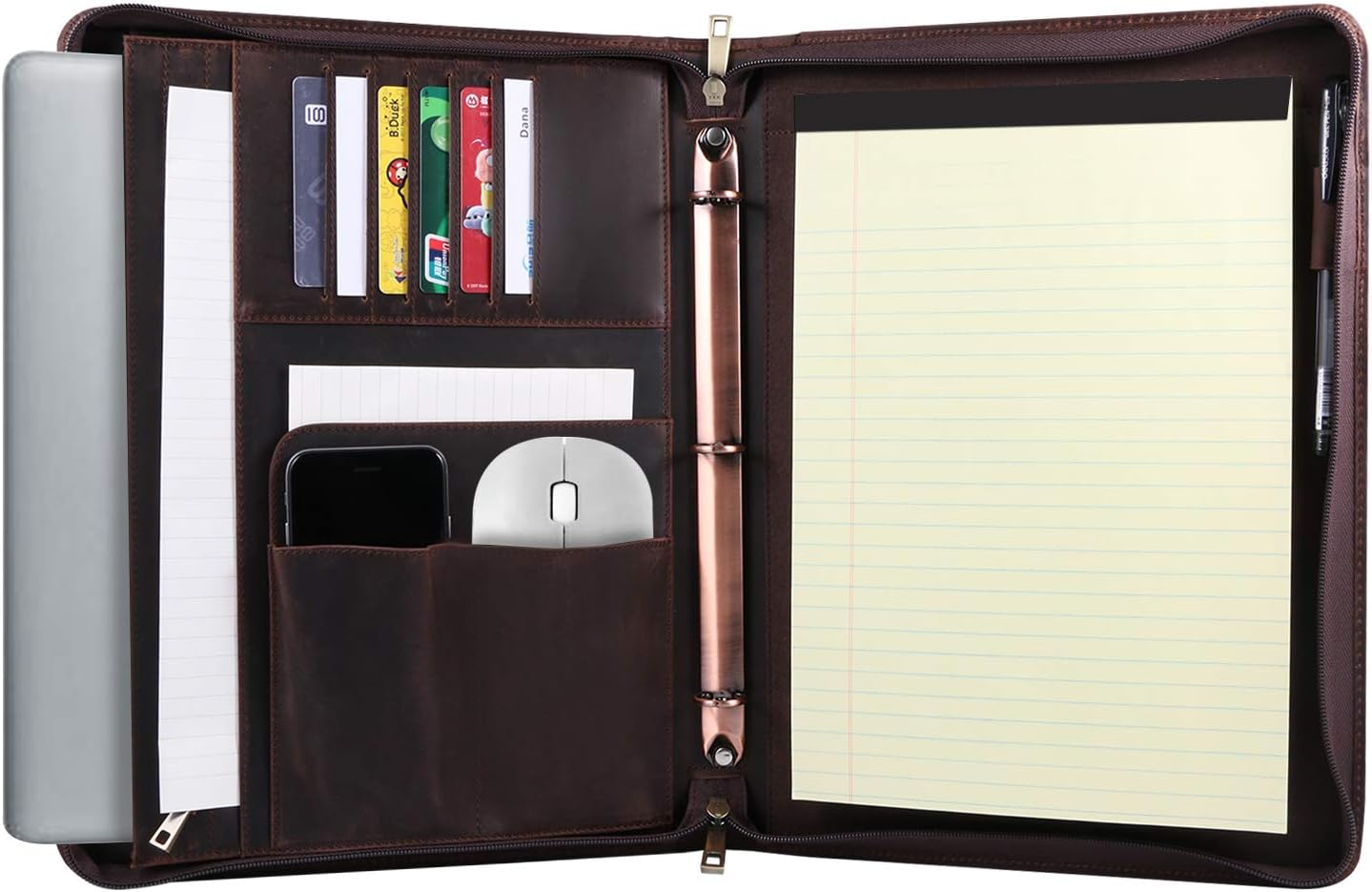 Handmade Crazy-Horse Leather 3-Ring Binder Portfolio Vintage Padfolio, Zippered Closure, Business Organizer Tablet Folio Folder,Professional Organizer Gift for Men & Women (Dark Brown, Custom)